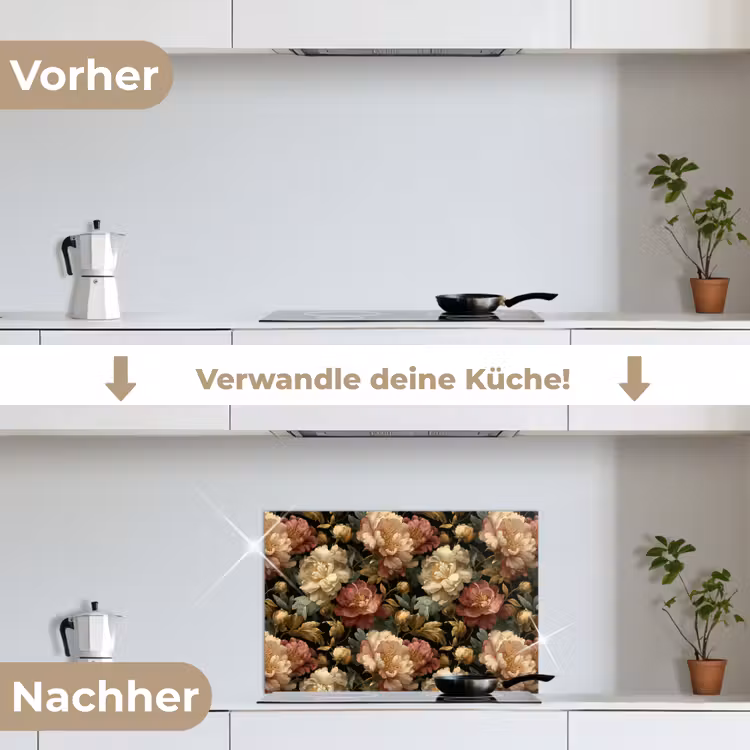 Bloemen - Barok - Patroon - Roze - Crème keuken achterwand spatscherm klein 900 -voor_na_DE