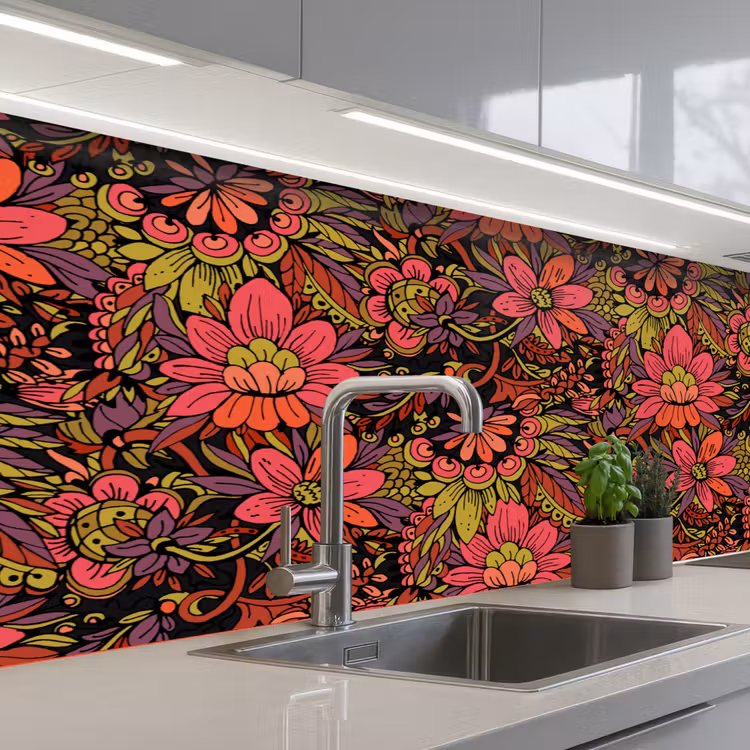 Bloemen - Bladeren - Design keuken achterwand 2 middel 871 -3d_schuin