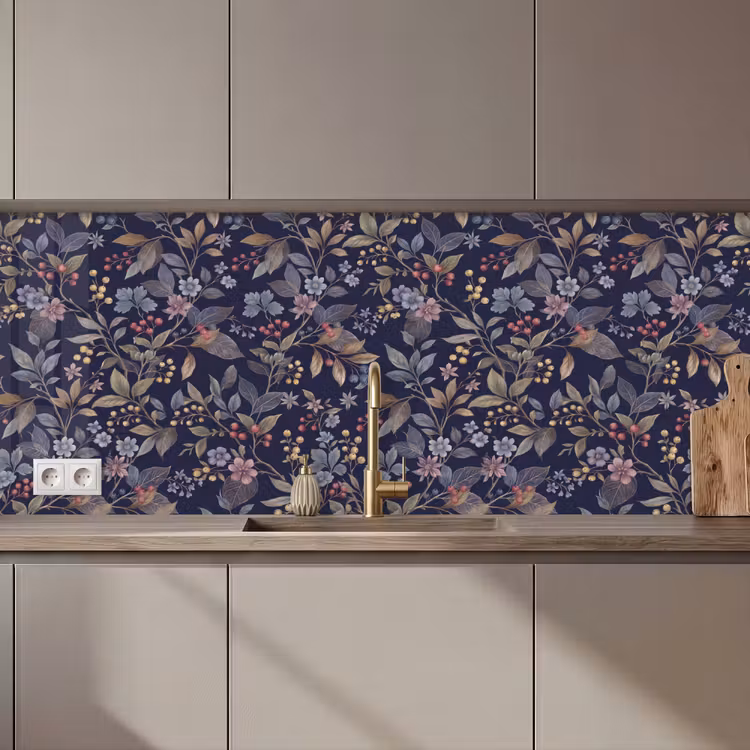 Bloemen - Bladeren - Patroon - Botanisch - Donkerblauw keuken achterwand 2 middel zz_3dshopping