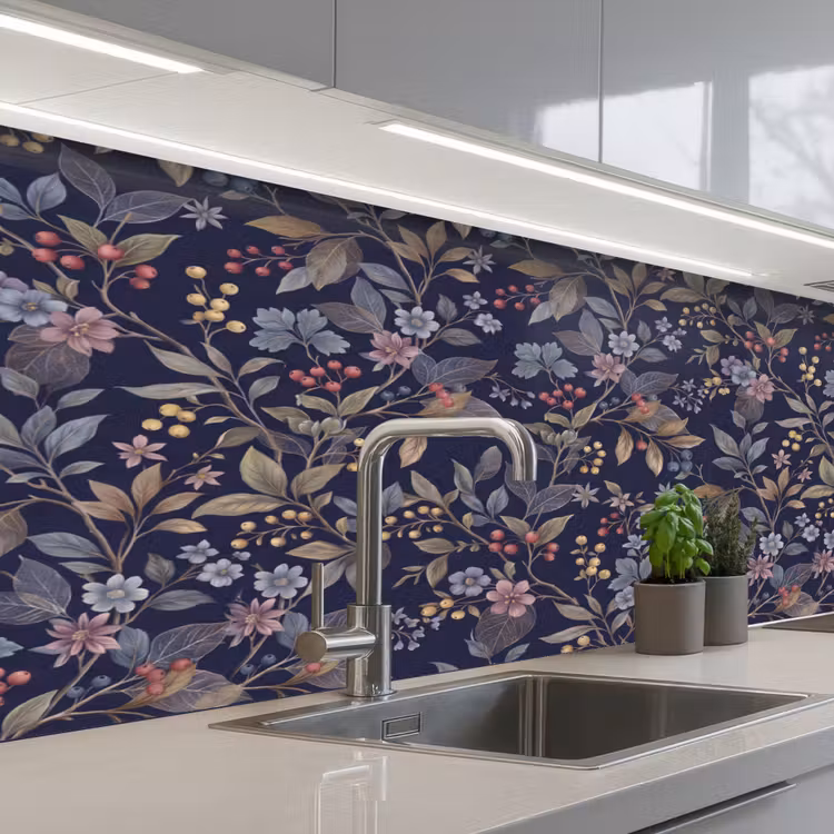 Bloemen - Bladeren - Patroon - Botanisch - Donkerblauw keuken achterwand 2 middel -3d_schuin