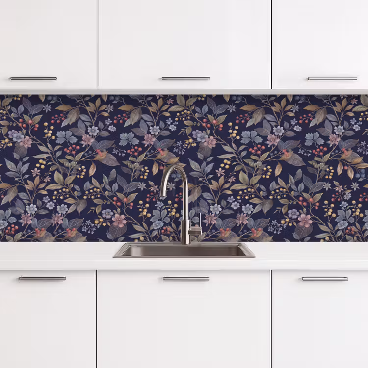 Bloemen - Bladeren - Patroon - Botanisch - Donkerblauw keuken achterwand 2 middel -3d