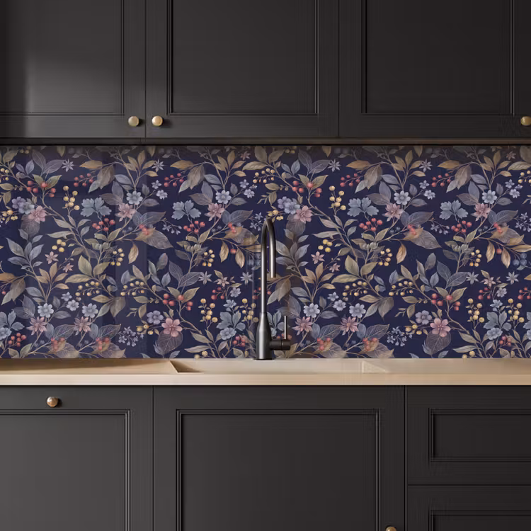 Bloemen - Bladeren - Patroon - Botanisch - Donkerblauw keuken achterwand 2 middel -sfeer1