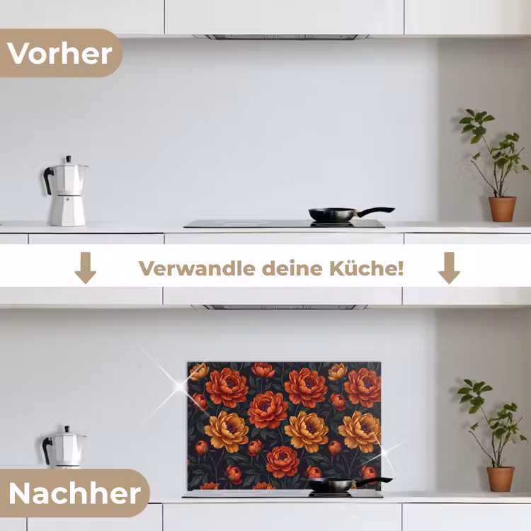 Bloemen - Bladeren - Natuur - Modern - Oranje keuken achterwand spatscherm klein -voor_na_DE