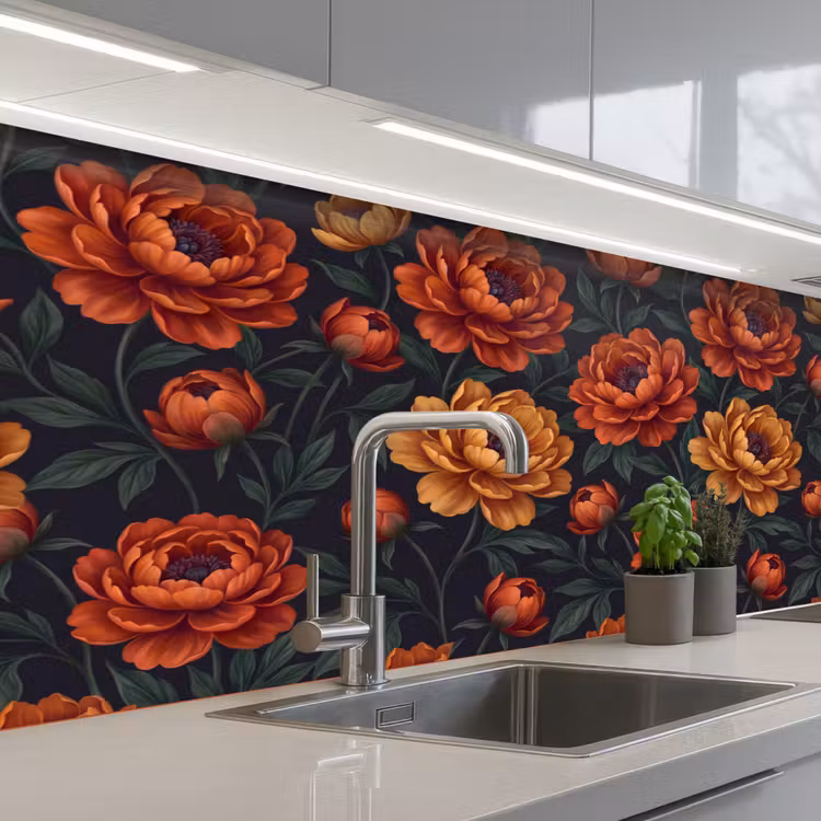 Bloemen - Bladeren - Natuur - Modern - Oranje keuken achterwand 2 middel -3d_schuin