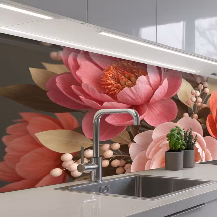 Bloemen - Bloesem - Zacht - Koraal - Decoratie keuken achterwand 2 middel -3d_schuin