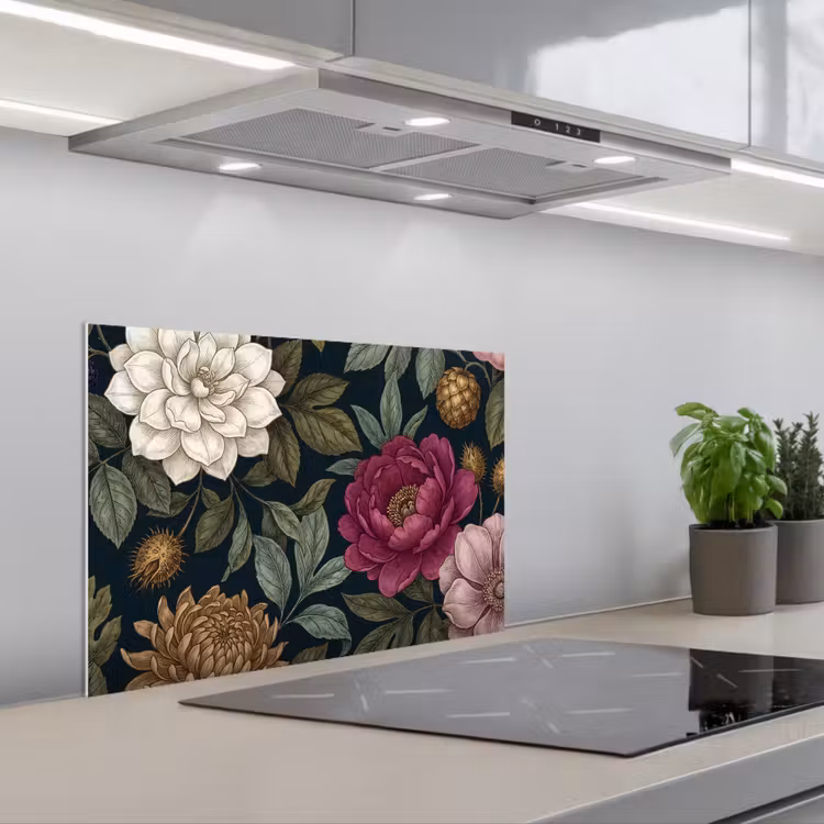 Bloemen - Botanisch - Illustratie - Donker - Vintage keuken achterwand spatscherm klein -3d_schuin