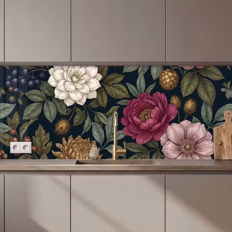 Bloemen - Botanisch - Illustratie - Donker - Vintage keuken achterwand 2 middel zz_3dshopping