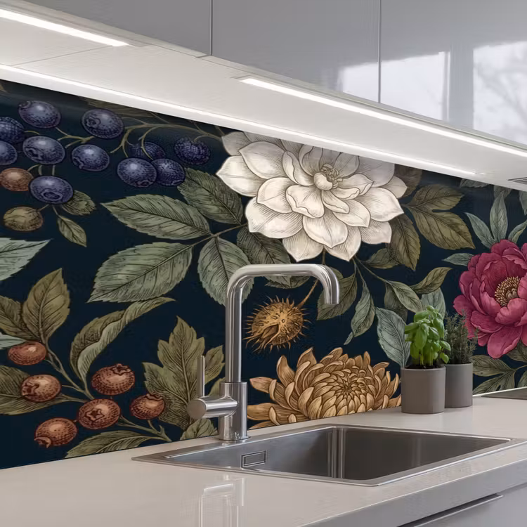 Bloemen - Botanisch - Illustratie - Donker - Vintage keuken achterwand 2 middel -3d_schuin