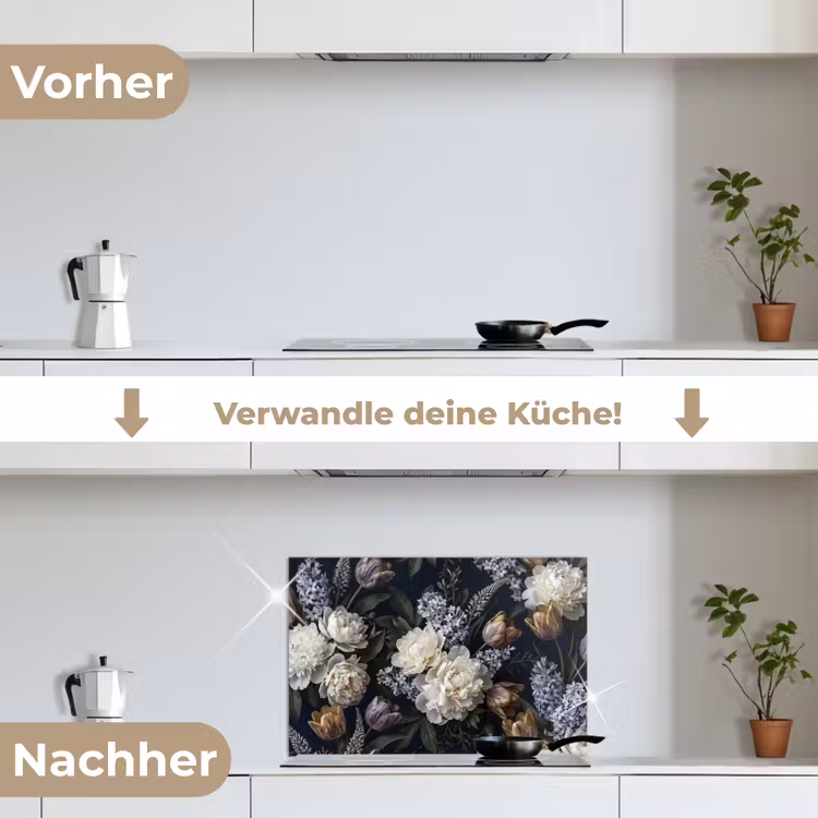 Bloemen - Donker - Elegant - Natuur - Wit keuken achterwand spatscherm klein -voor_na_DE