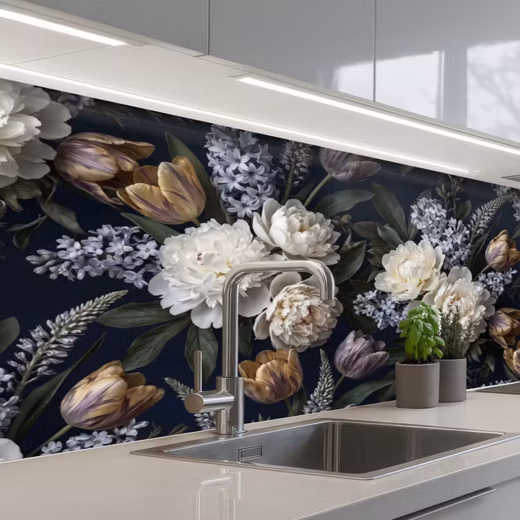 Bloemen - Donker - Elegant - Natuur - Wit keuken achterwand 2 middel -3d_schuin