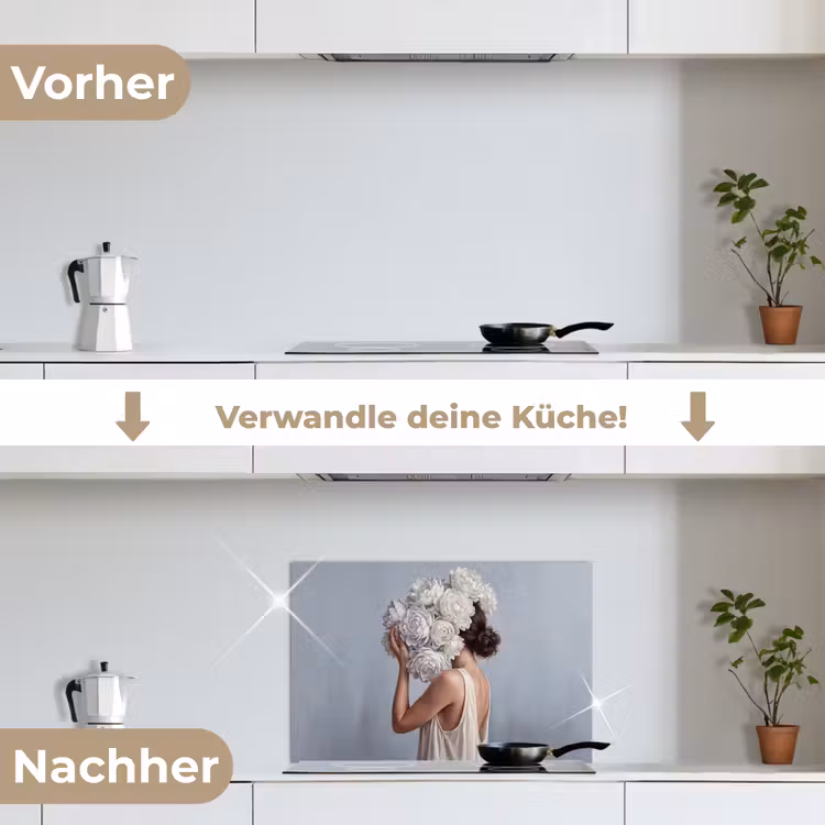 Bloemen - Vrouw - Wit keuken achterwand spatscherm klein -voor_na_DE