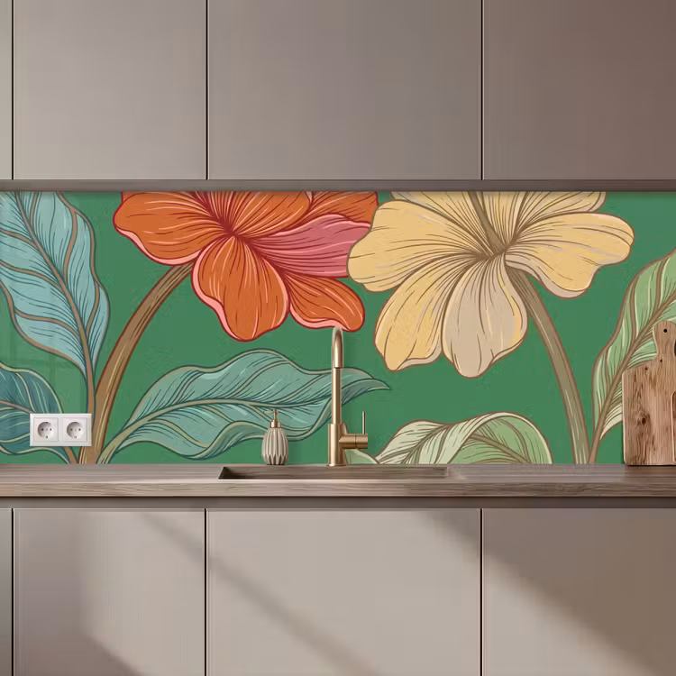 Küchenrückwand - Blumen – Grün – Illustration - Bloemen - Groen - Illustratie keuken achterwand 2 middel zz_3dshopping