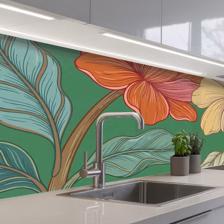 Küchenrückwand - Blumen – Grün – Illustration - Bloemen - Groen - Illustratie keuken achterwand 2 middel