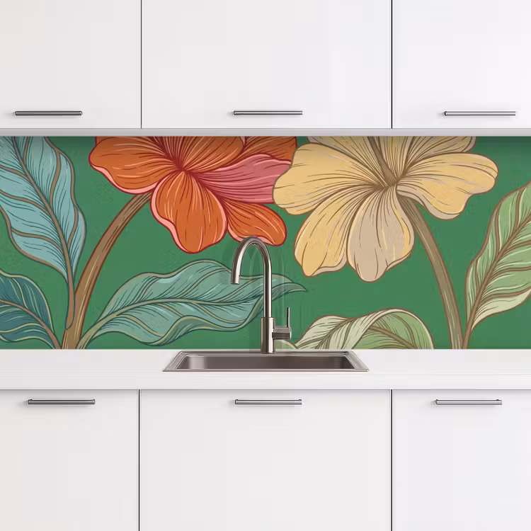 Küchenrückwand - Blumen – Grün – Illustration - Bloemen - Groen - Illustratie keuken achterwand 2 middel