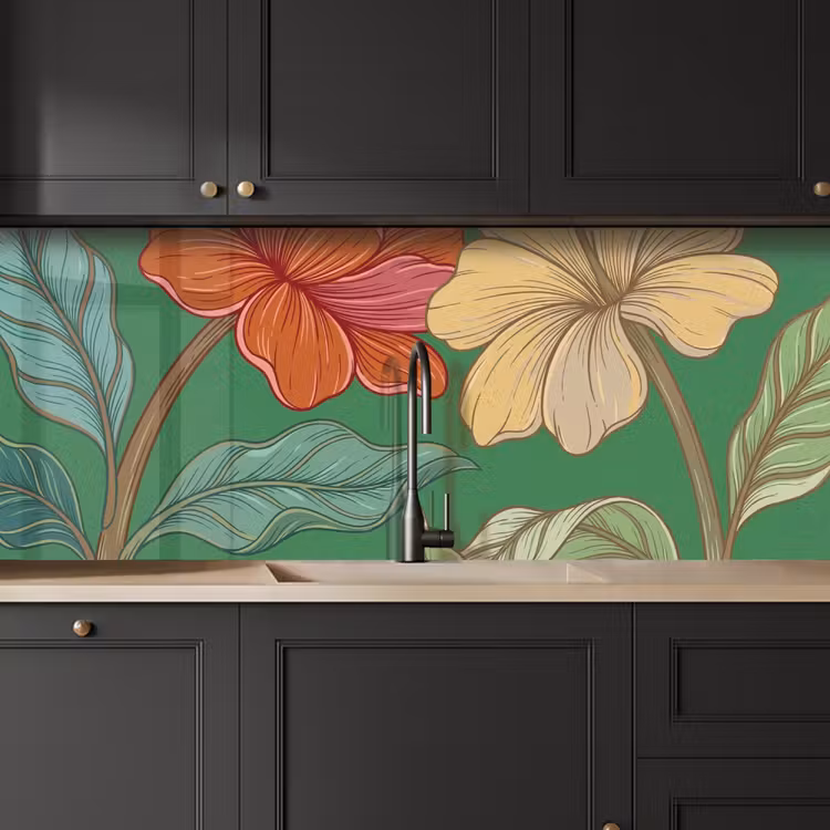Küchenrückwand - Blumen – Grün – Illustration - Bloemen - Groen - Illustratie keuken achterwand 2 middel