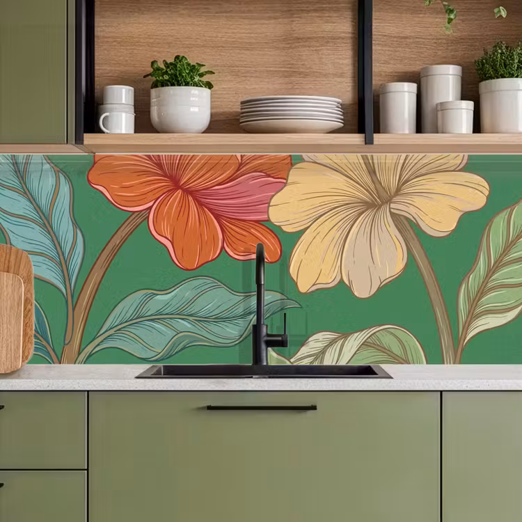 Küchenrückwand - Blumen – Grün – Illustration - Bloemen - Groen - Illustratie keuken achterwand 2 middel