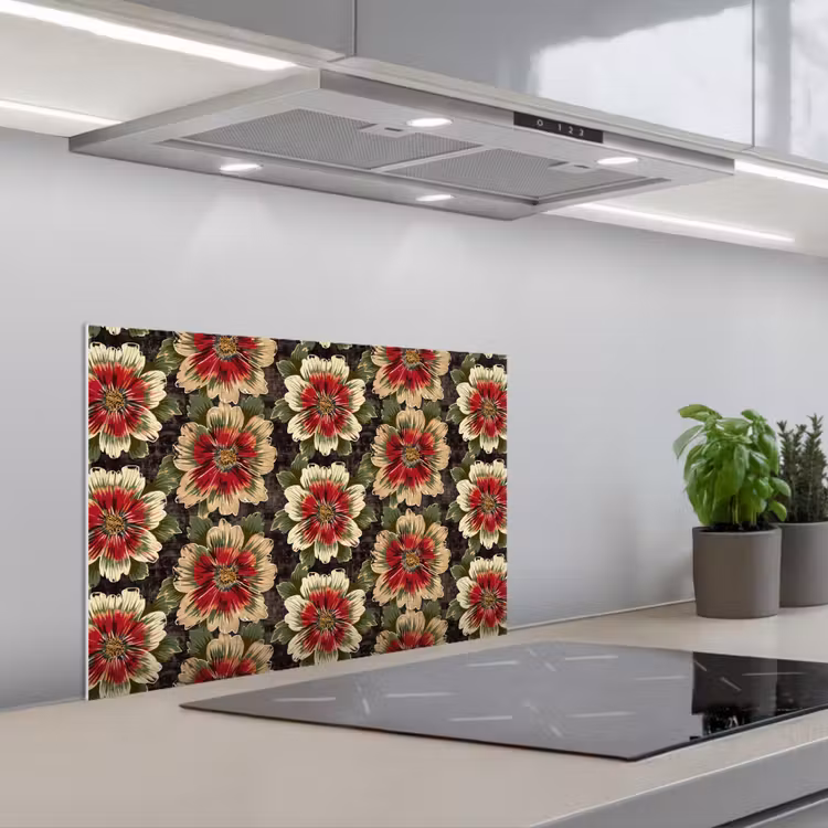 Bloemen - Klassiek - Patroon - Rood keuken achterwand spatscherm klein 900 -3d_schuin