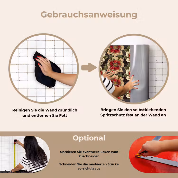 Bloemen - Klassiek - Patroon - Rood keuken achterwand spatscherm klein 900 -gebruiksaanwijzing_DE