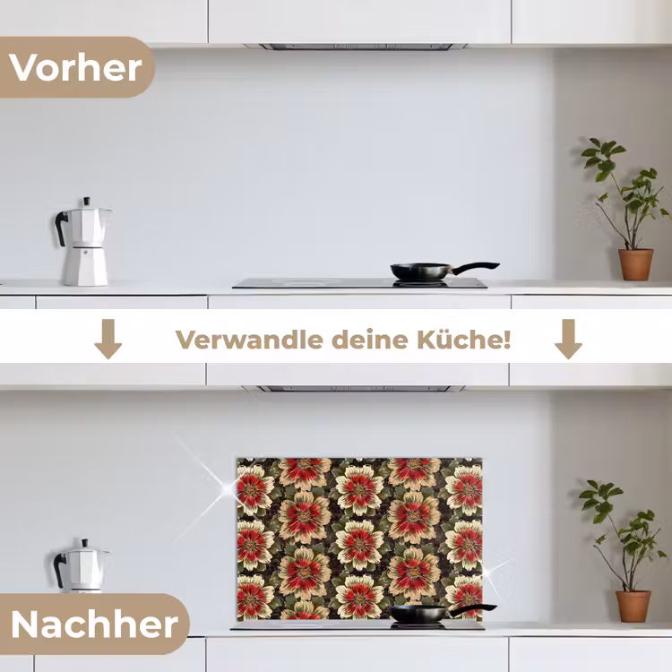 Bloemen - Klassiek - Patroon - Rood keuken achterwand spatscherm klein 900 -voor_na_DE