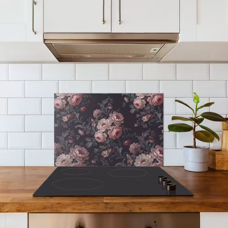 Bloemen - Patroon - Sierlijk - Roze - Donker keuken achterwand spatscherm klein -sfeer2