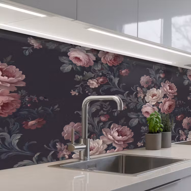 Bloemen - Patroon - Sierlijk - Roze - Donker keuken achterwand 2 middel -3d_schuin
