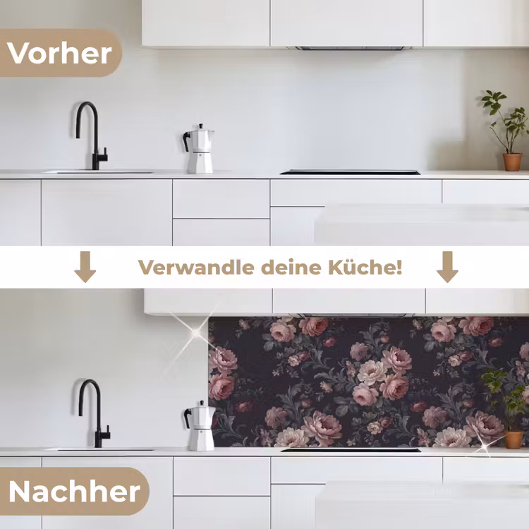Bloemen - Patroon - Sierlijk - Roze - Donker keuken achterwand 2 middel -voor-na_DE