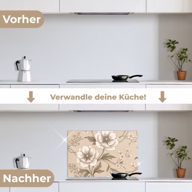 Bloemen - Patroon - Beige keuken achterwand spatscherm klein -voor_na_DE