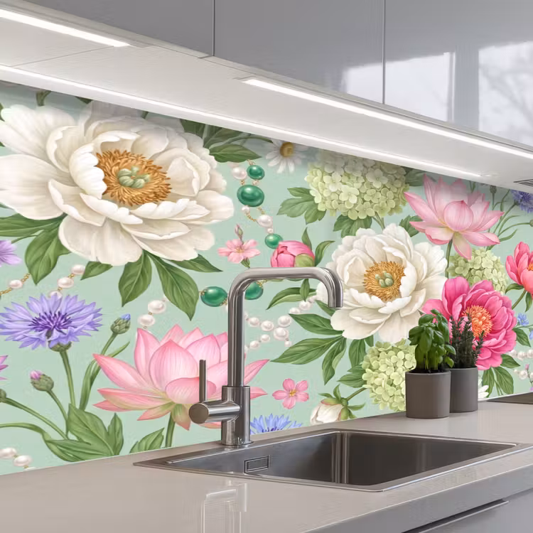 Bloemen - Patroon - Botanisch - Groen keuken achterwand 2 middel -3d_schuin