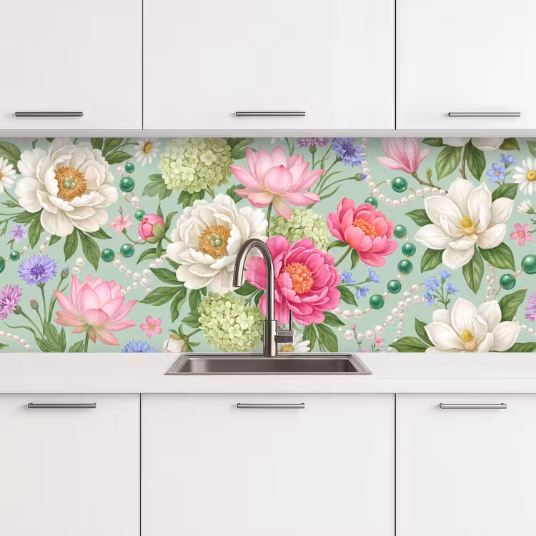 Bloemen - Patroon - Botanisch - Groen keuken achterwand 2 middel -3d