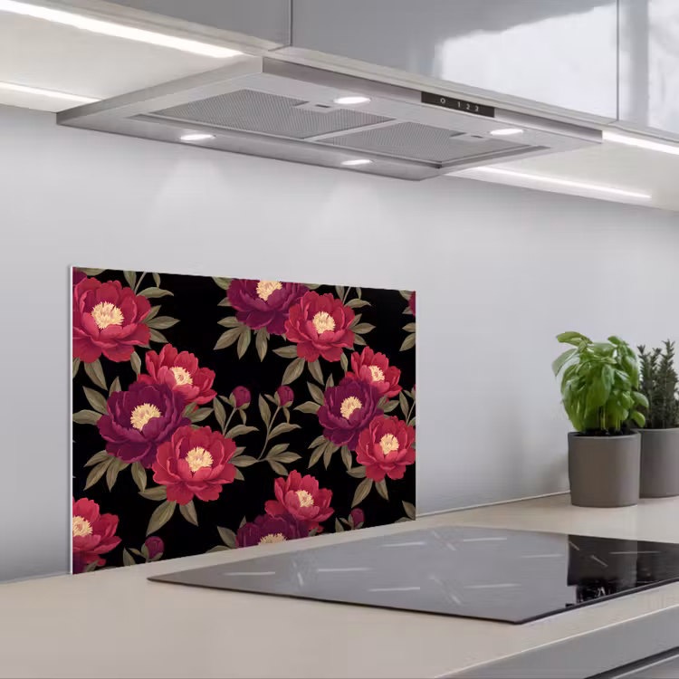 Bloemen - Patroon - Botanisch - Rood - Zwart keuken achterwand spatscherm klein -3d_schuin