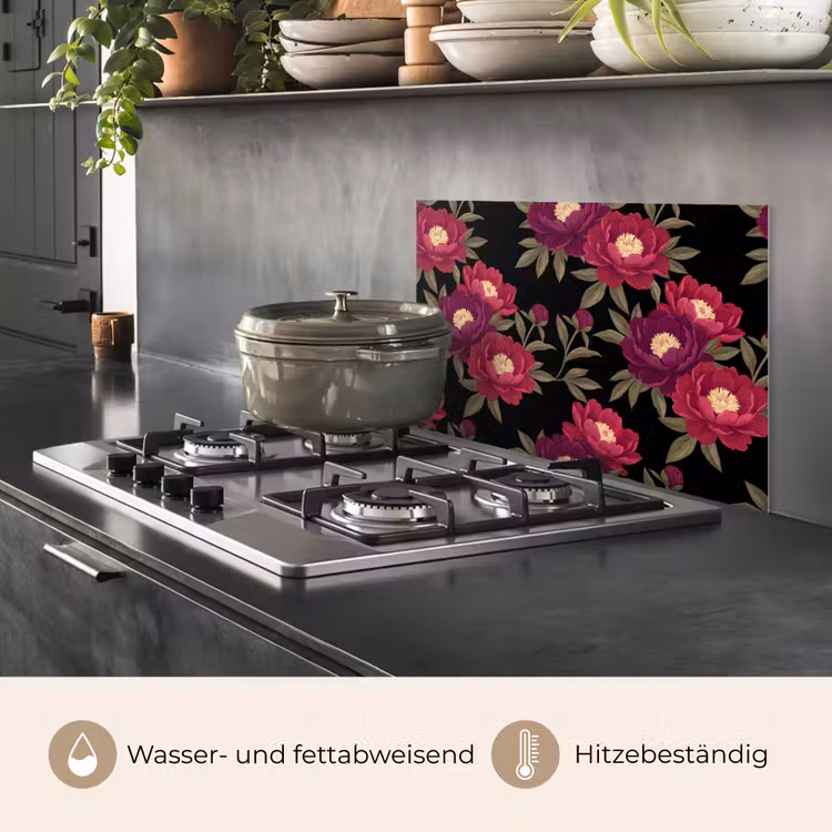 Bloemen - Patroon - Botanisch - Rood - Zwart keuken achterwand spatscherm klein -usp_DE