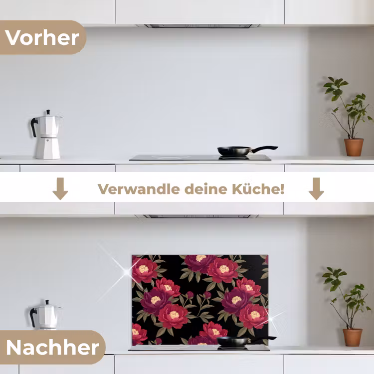 Bloemen - Patroon - Botanisch - Rood - Zwart keuken achterwand spatscherm klein -voor_na_DE