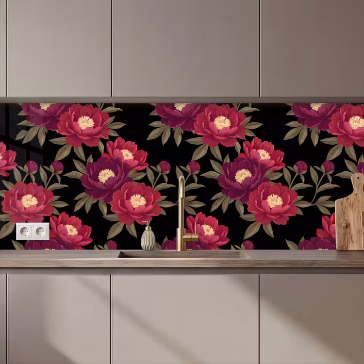 Bloemen - Patroon - Botanisch - Rood - Zwart keuken achterwand 2 middel zz_3dshopping