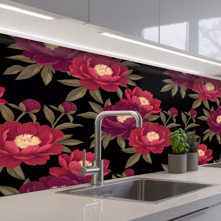 Bloemen - Patroon - Botanisch - Rood - Zwart keuken achterwand 2 middel -3d_schuin
