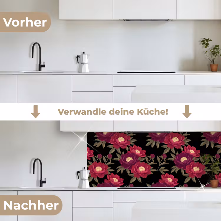 Bloemen - Patroon - Botanisch - Rood - Zwart keuken achterwand 2 middel -voor-na_DE