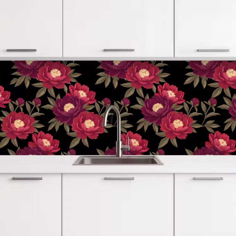 Bloemen - Patroon - Botanisch - Rood - Zwart keuken achterwand 2 middel -3d