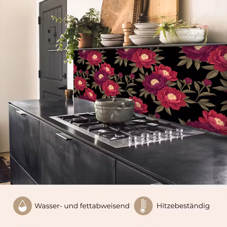 Bloemen - Patroon - Botanisch - Rood - Zwart keuken achterwand 2 middel -usp_DE