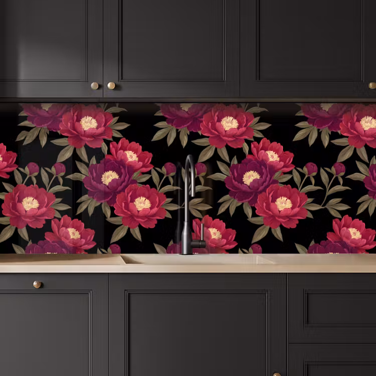 Bloemen - Patroon - Botanisch - Rood - Zwart keuken achterwand 2 middel -sfeer1
