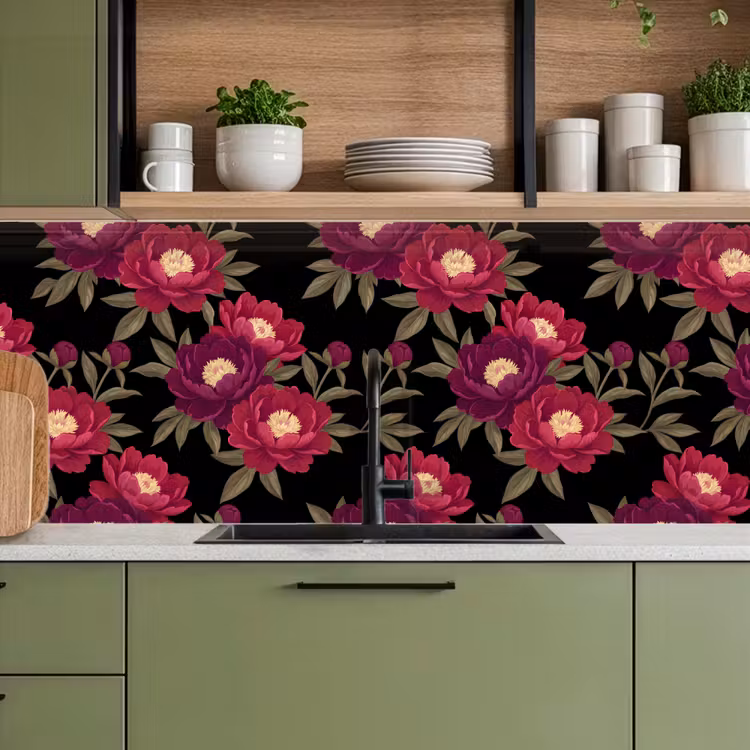 Bloemen - Patroon - Botanisch - Rood - Zwart keuken achterwand 2 middel -sfeer3