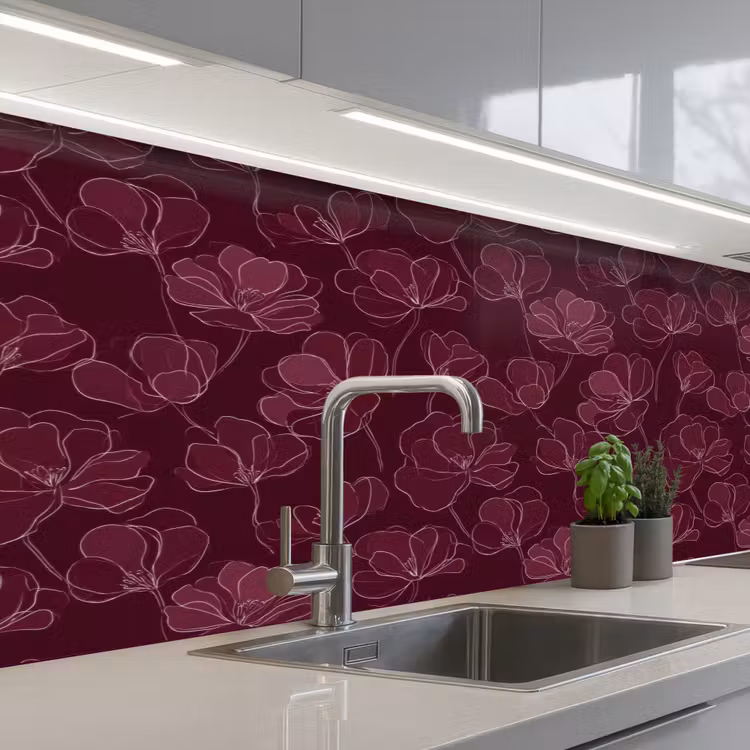 Bloemen - Patroon - Bordeauxrood keuken achterwand 2 middel 871 -3d_schuin