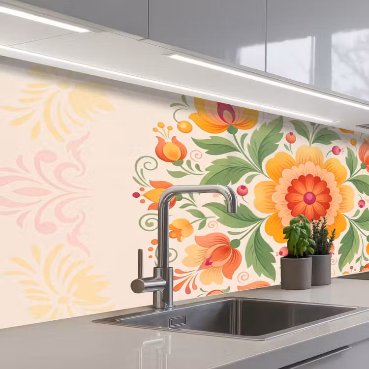 Bloemen - Patroon - Decoratief - Oranje keuken achterwand 2 middel -3d_schuin