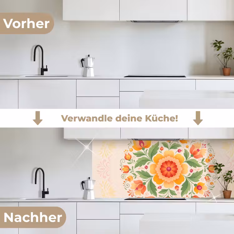 Bloemen - Patroon - Decoratief - Oranje keuken achterwand 2 middel -voor-na_DE