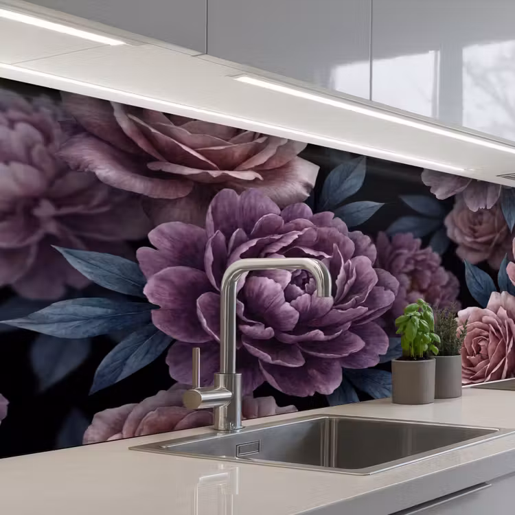 Bloemen - Patroon - Donker - Botanisch - Paars keuken achterwand 2 middel -3d_schuin