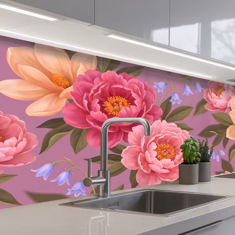 Bloemen - Patroon - Illustratie - Roze keuken achterwand 2 middel -3d_schuin