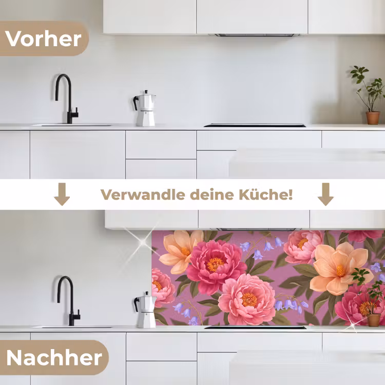 Bloemen - Patroon - Illustratie - Roze keuken achterwand 2 middel -voor-na_DE