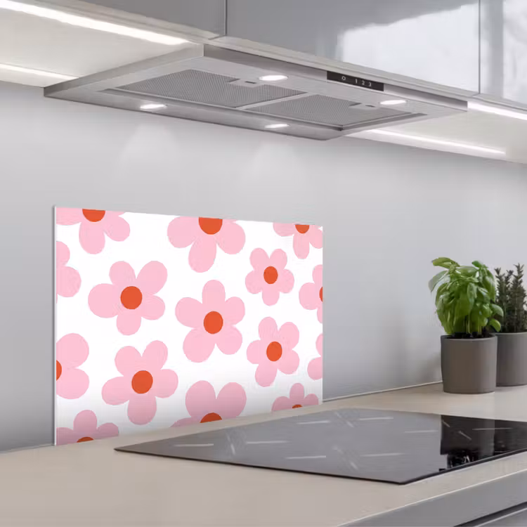 Bloemen - Patroon - Modern - Roze - Wit keuken achterwand spatscherm klein -3d_schuin