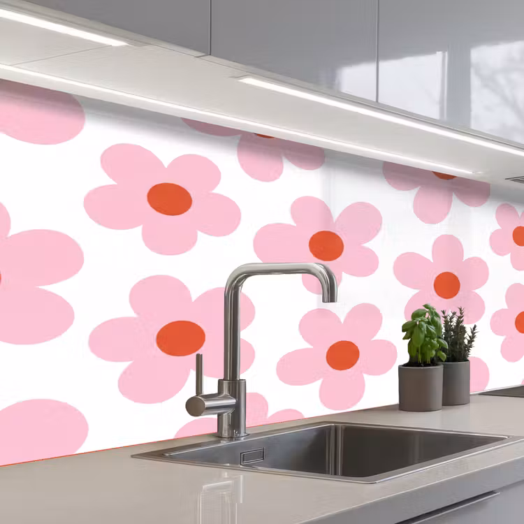 Bloemen - Patroon - Modern - Roze - Wit keuken achterwand 2 middel -3d_schuin