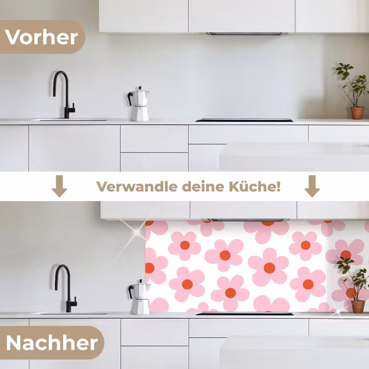 Bloemen - Patroon - Modern - Roze - Wit keuken achterwand 2 middel -voor-na_DE
