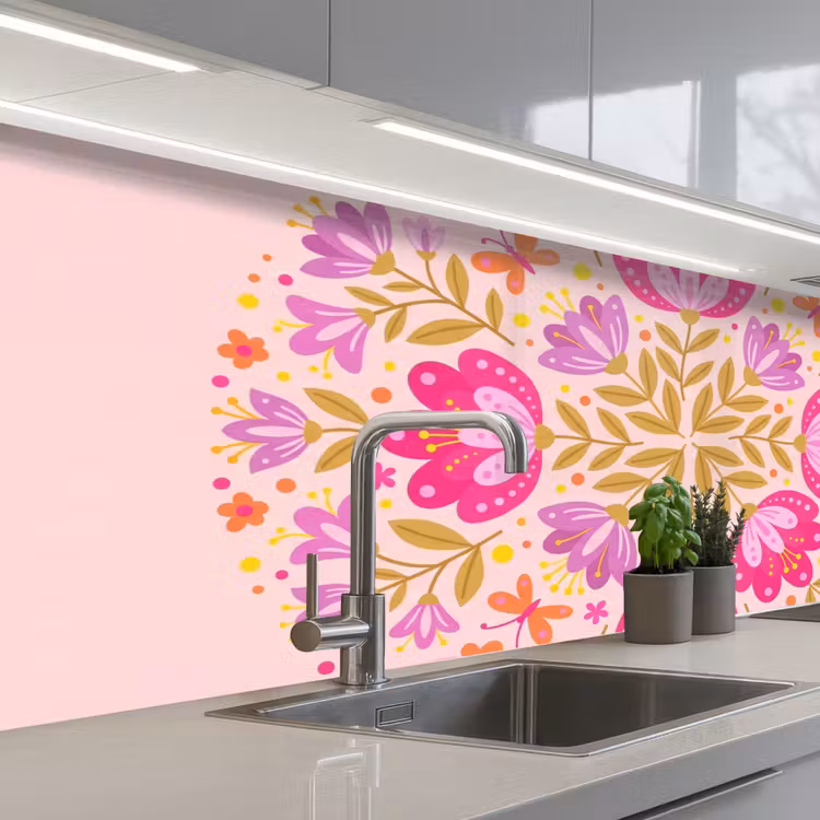 Bloemen - Patroon - Natuur - Abstract - Roze keuken achterwand 2 middel -3d_schuin