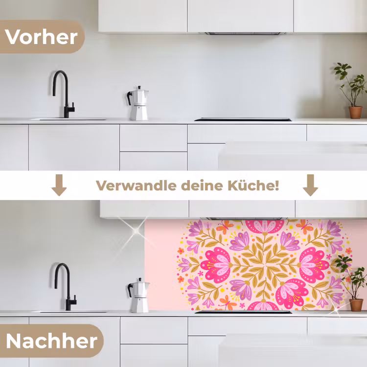 Bloemen - Patroon - Natuur - Abstract - Roze keuken achterwand 2 middel -voor-na_DE